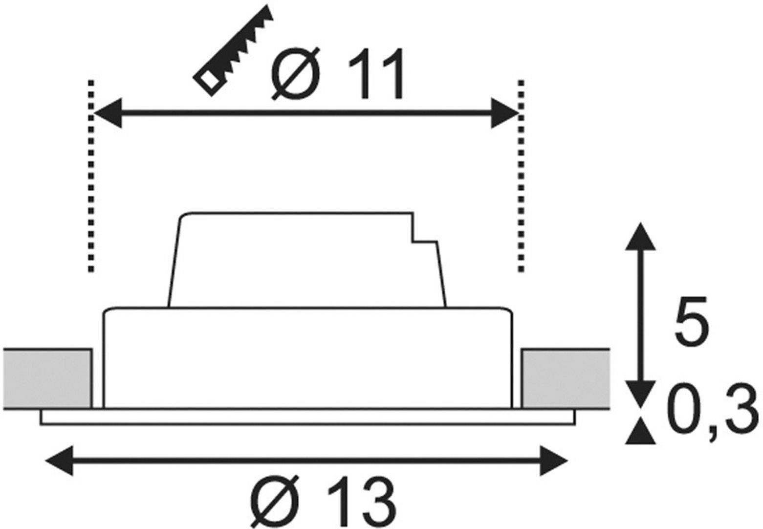 Technische tekening van een ronde drukschakelaar, diameter buitenzijde 13 mm, binnenzijde 11 mm, hoogte 5 mm, tolerantie 0,3 mm.