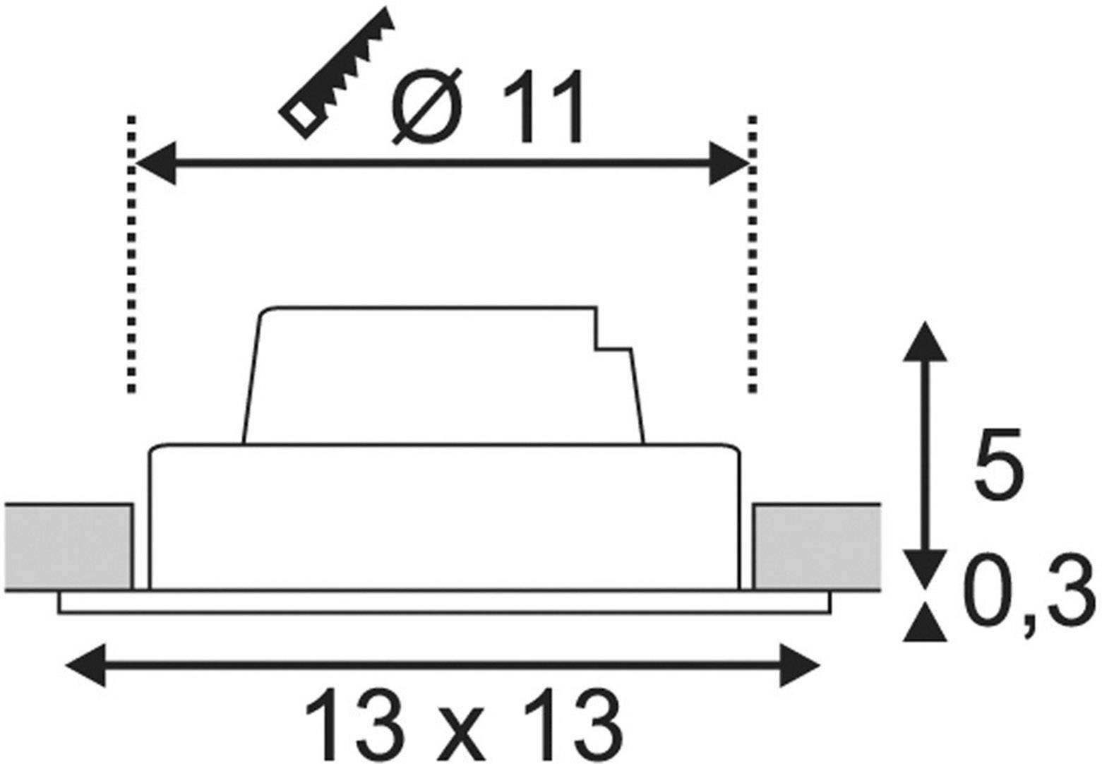 Diagram toont de afmetingen van een vierkant object met 13x13 cm, hoogte 5 cm, en een diameter van 11 cm bovenaan. Diepte 0,3 cm.