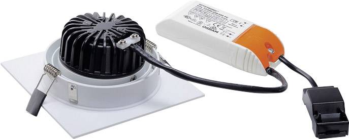 LED-inbouwlamp met een rond koellichaam, aangesloten op een witte en oranje transformator met een zwart kabel.