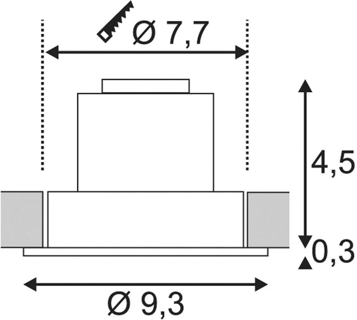 Technische tekening van een cilindrisch object met afmetingen: diameter 7,7 cm, hoogte 4,5 cm, basisdoorsnede 9,3 cm, sokkel hoogte 0,3 cm.