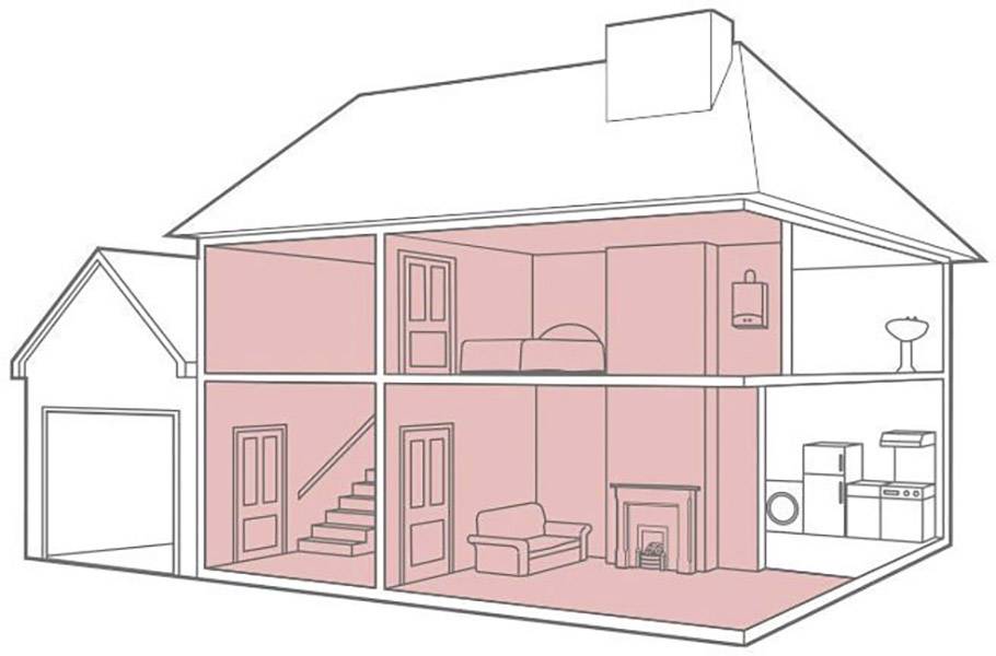 De doorsnede toont een tweeverdiepingenhuis met gemarkeerde leefruimtes: woonkamer, trap, slaapkamer en keuken.