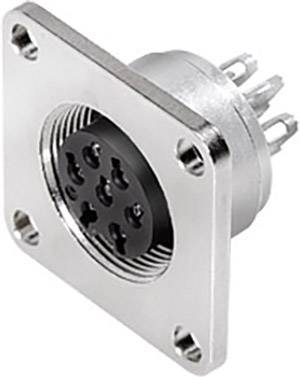 Een metaalkleurige ronde stekker met negen contactpinnen, geschikt voor industriële of elektronische verbindingen.