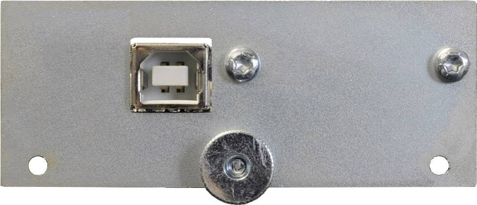 Metalen plaat met een USB-aansluiting in het midden, bevestigd door twee schroeven bovenaan en één grote schroef onderaan.