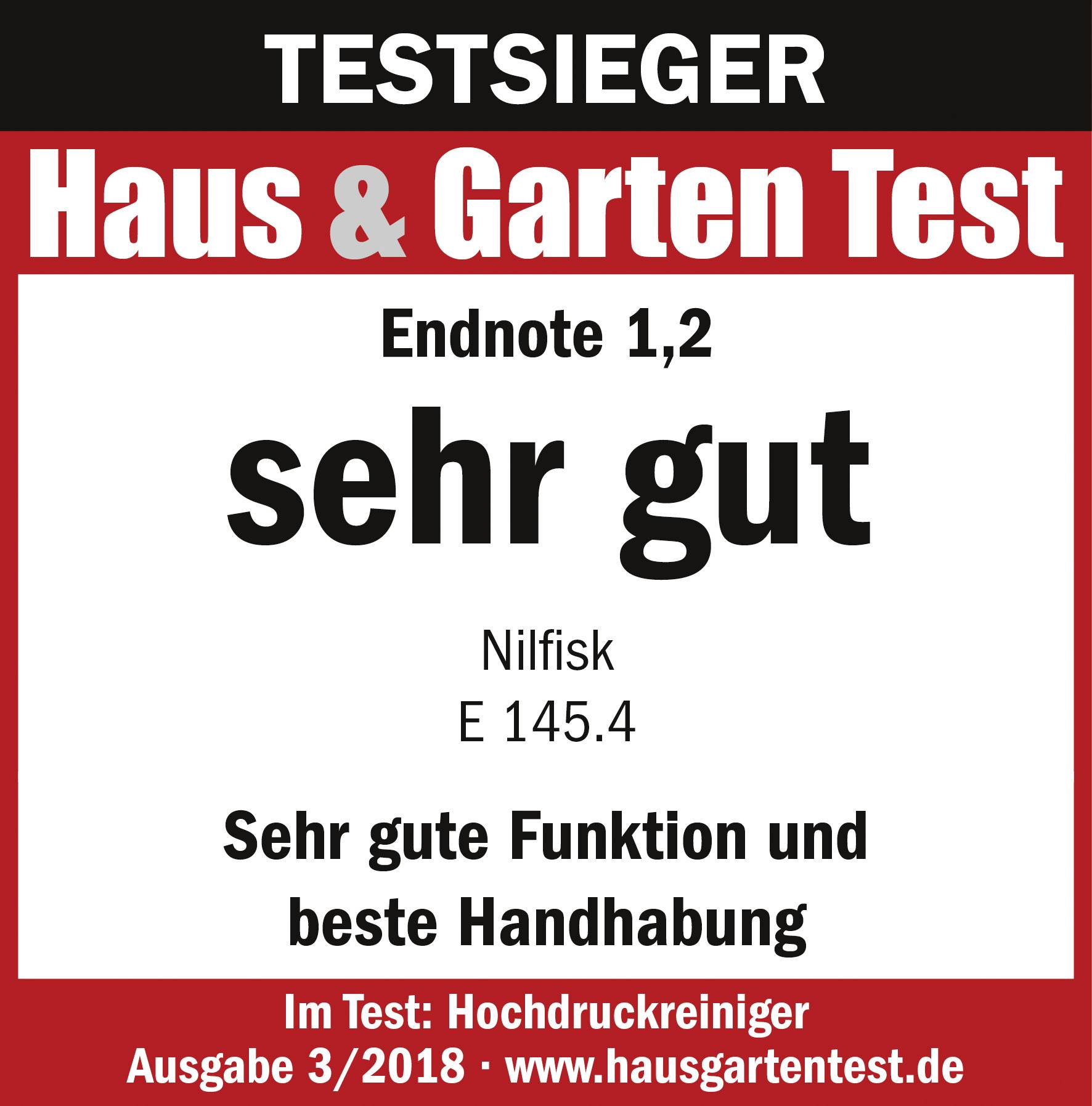 'Testresultaat: Zeer goed (Cijfer 1,2) voor hogedrukreiniger Nilfisk E 145.4 volgens Haus & Garten Test, editie 3/2018.'