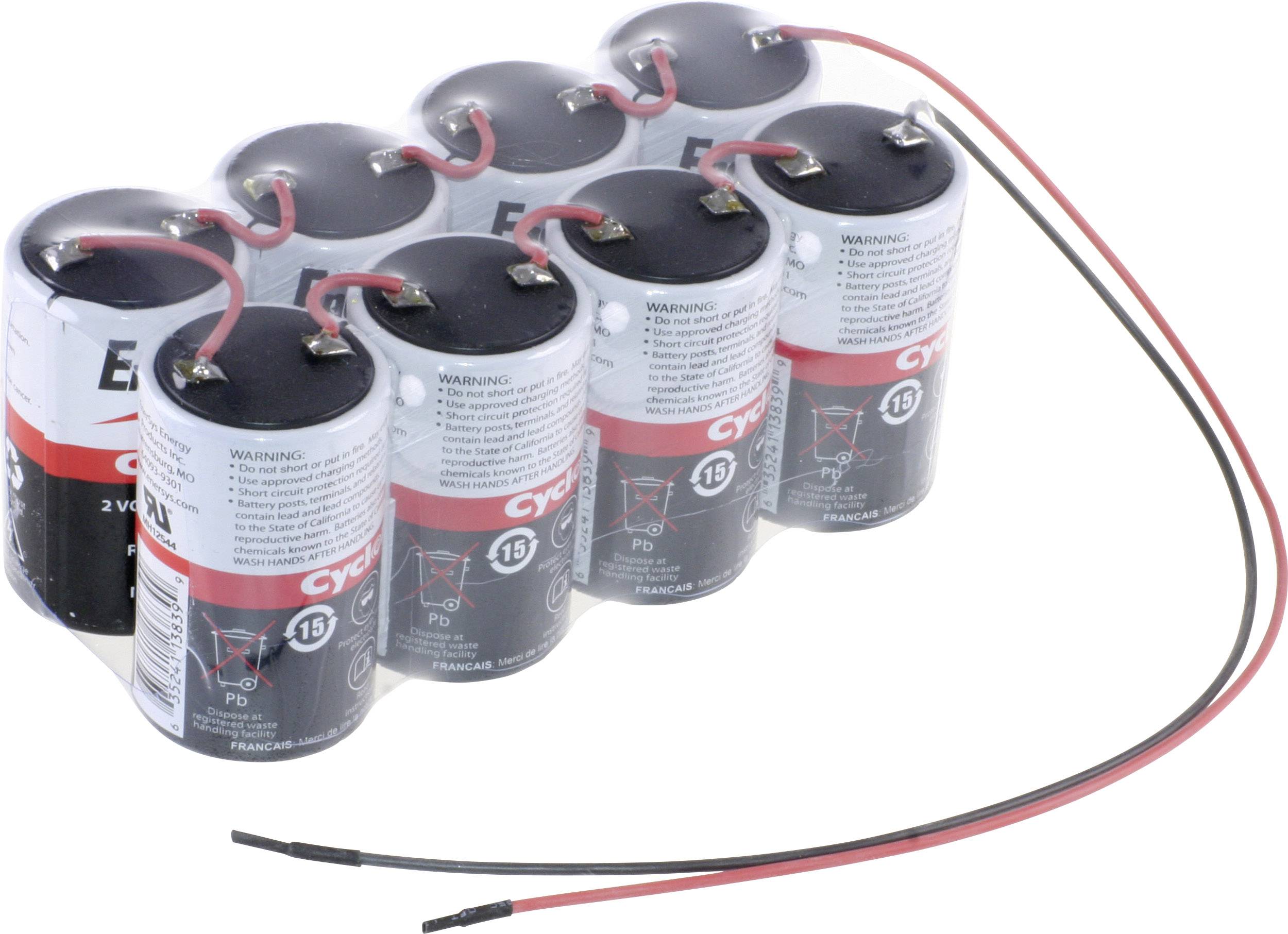 Een groep van zes cilindrische batterijen met aansluitdraden die met elkaar zijn verbonden.
