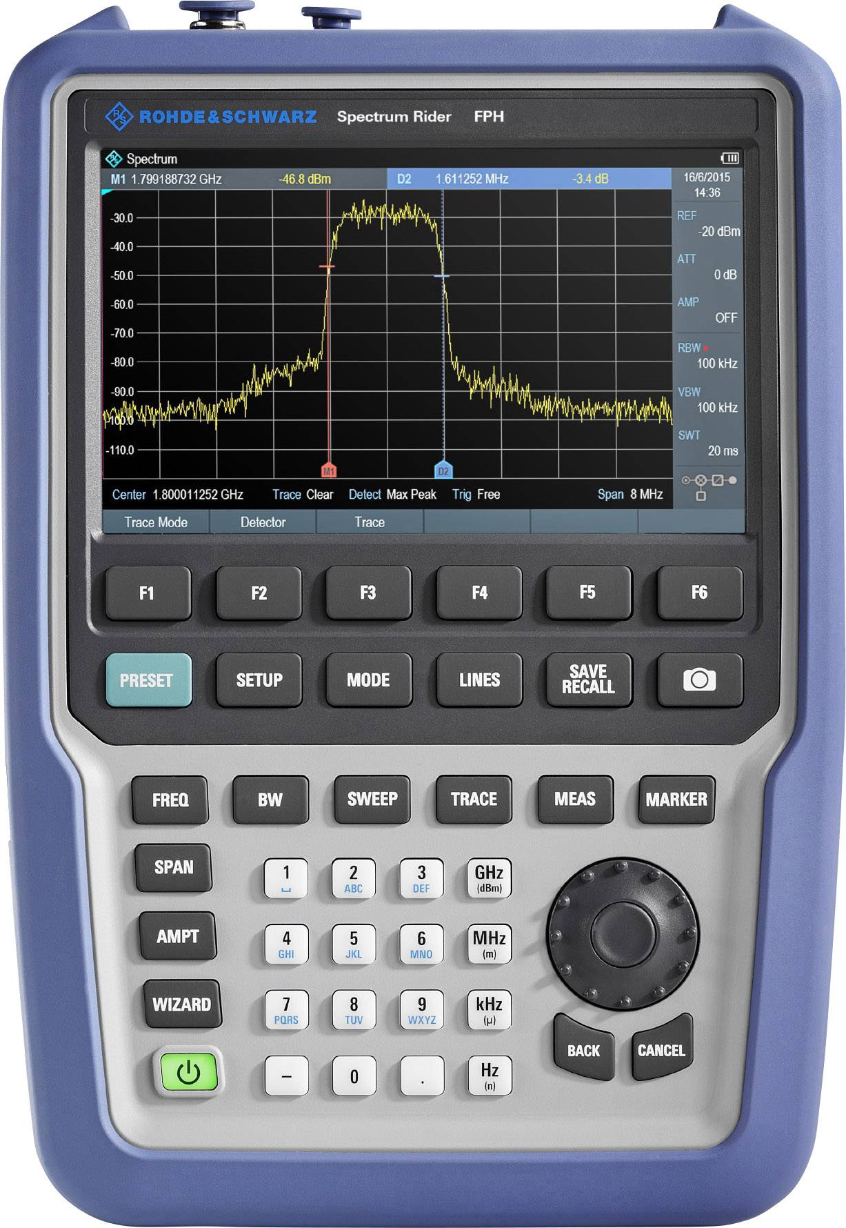 Draagbaar spectrumanalysatorapparaat met scherm, toetsenbord en frequentiedisplay. Toont frequentiespectrumweergave in real-time.
