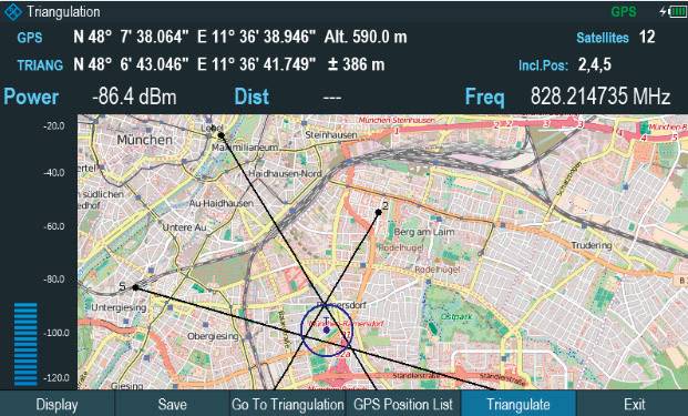 'GPS-triangulatie op stadsplattegrond; doel gelokaliseerd nabij München. Gegevens: Hoogte 590 m, Positie N 48° 13' 43.046", O 11° 36' 48.946".'