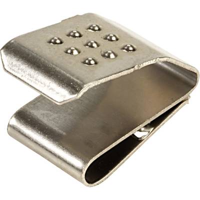 Metalen klem met gegolfde oppervlakte en kleine nokjes voor een betere grip. Wordt gebruikt voor het bevestigen van materialen.
