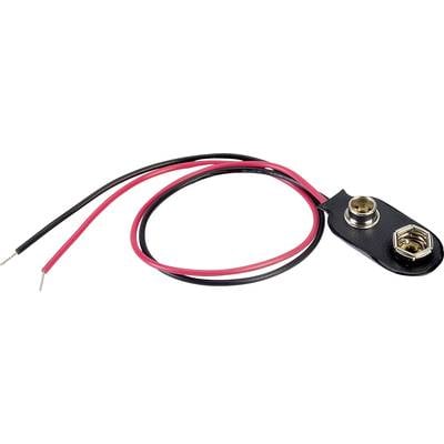 Een batterijcontactclip met rode en zwarte draden, geschikt voor het aansluiten van een 9-volt-batterij op een elektrisch apparaat.