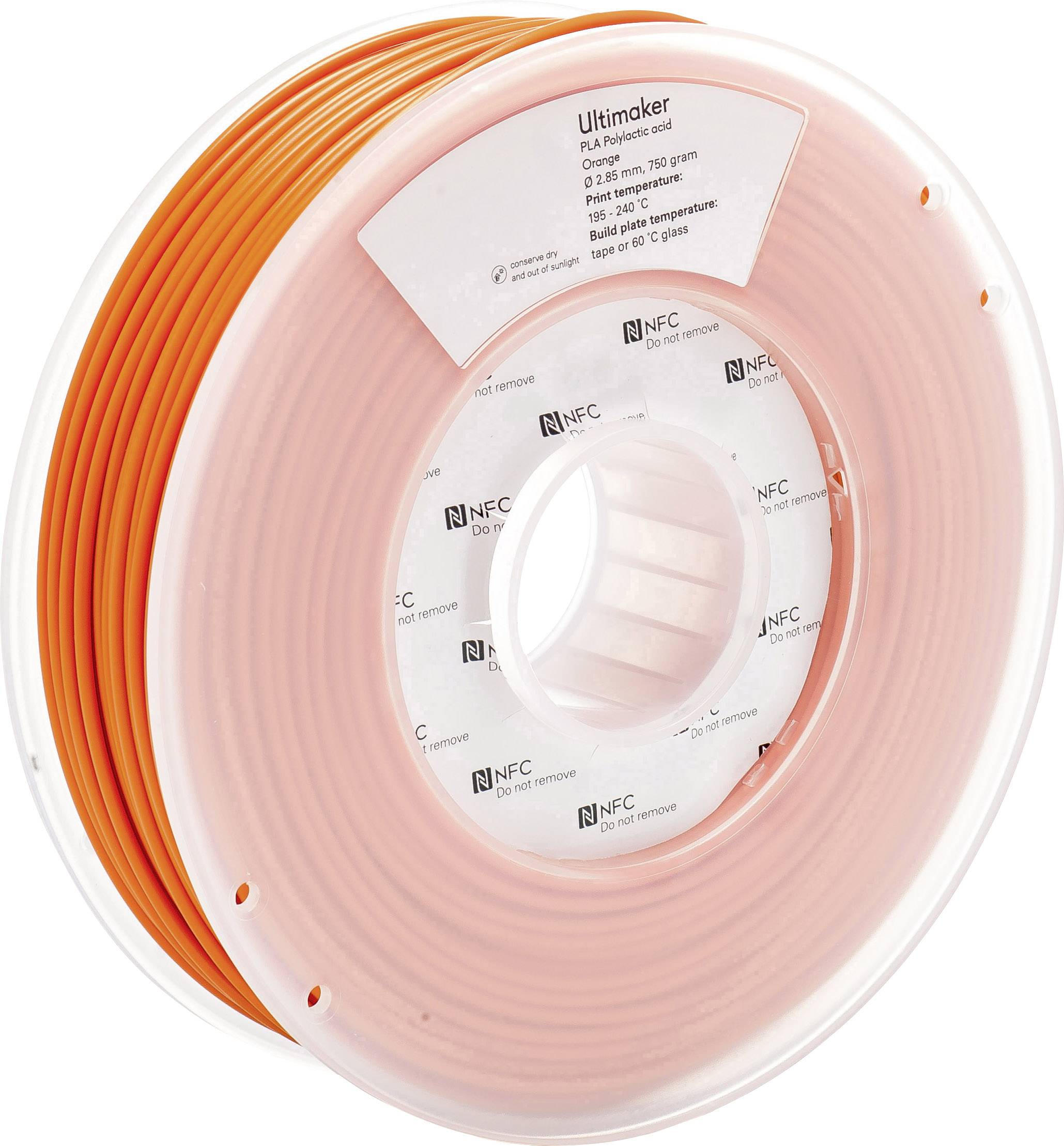 Oranje plastic spoel met Ultimaker-opdruk. Specifiek ontworpen voor 3D-printen, 750 gram, 2,85 mm. NFC-tags zichtbaar.