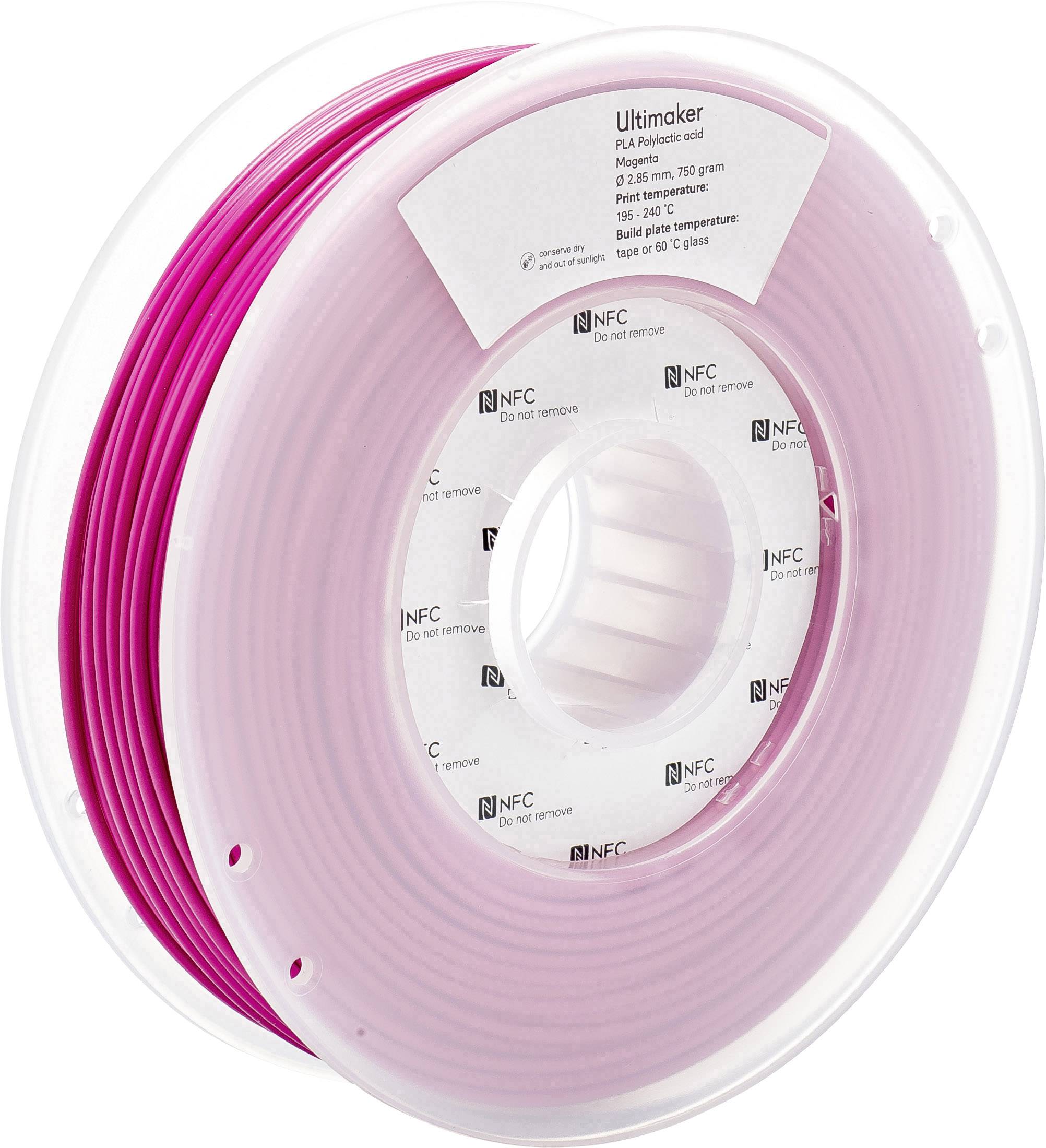 Een spoel met roze PLA-filament voor 3D-printers van het merk Ultimaker. Het toont het merk en specificaties op het etiket.