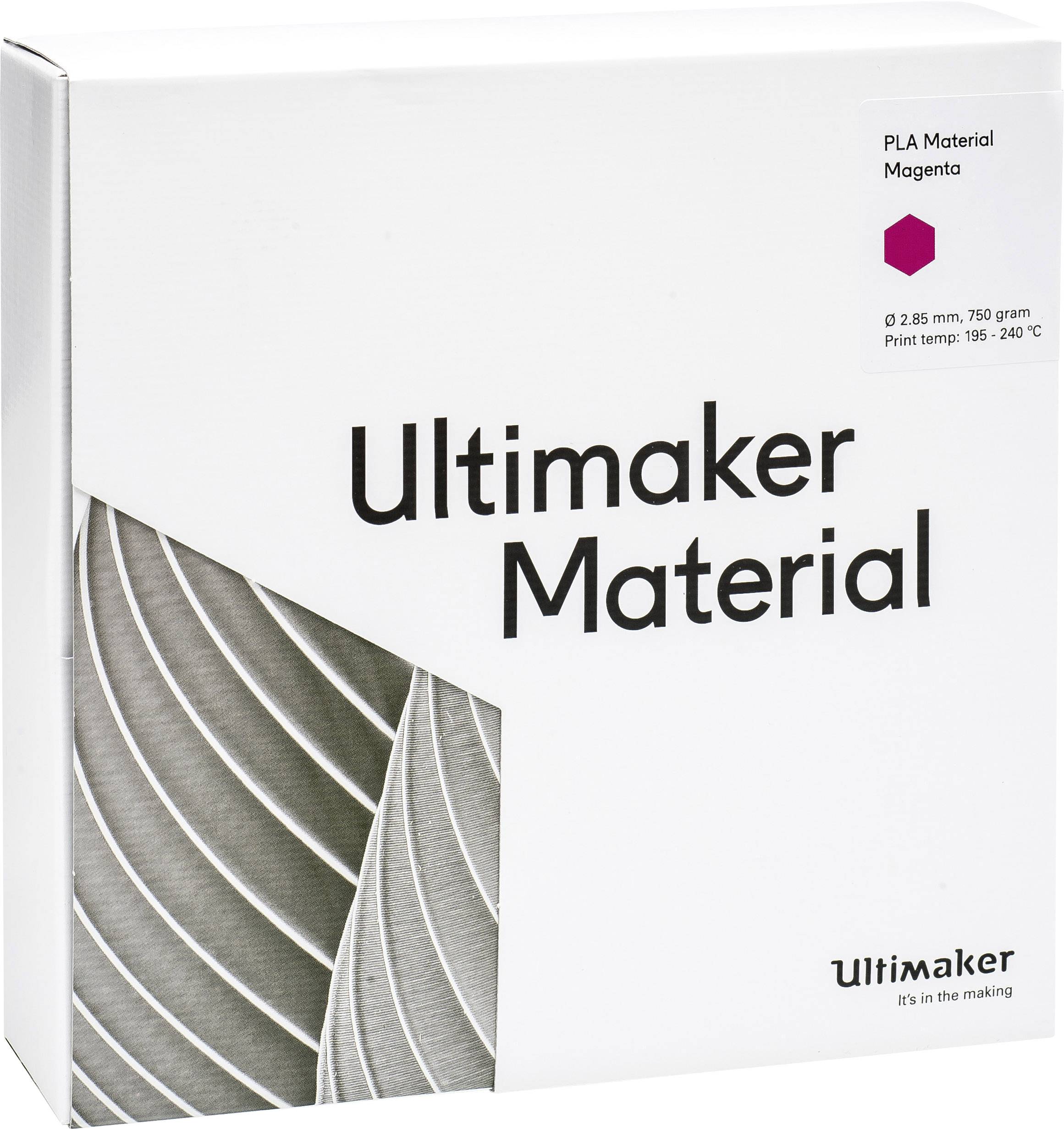 Ultimaker materiaalverpakking met etiket 'PLA Materiaal Magenta'. Toont 750 gram, printtemperatuur 195-240°C.