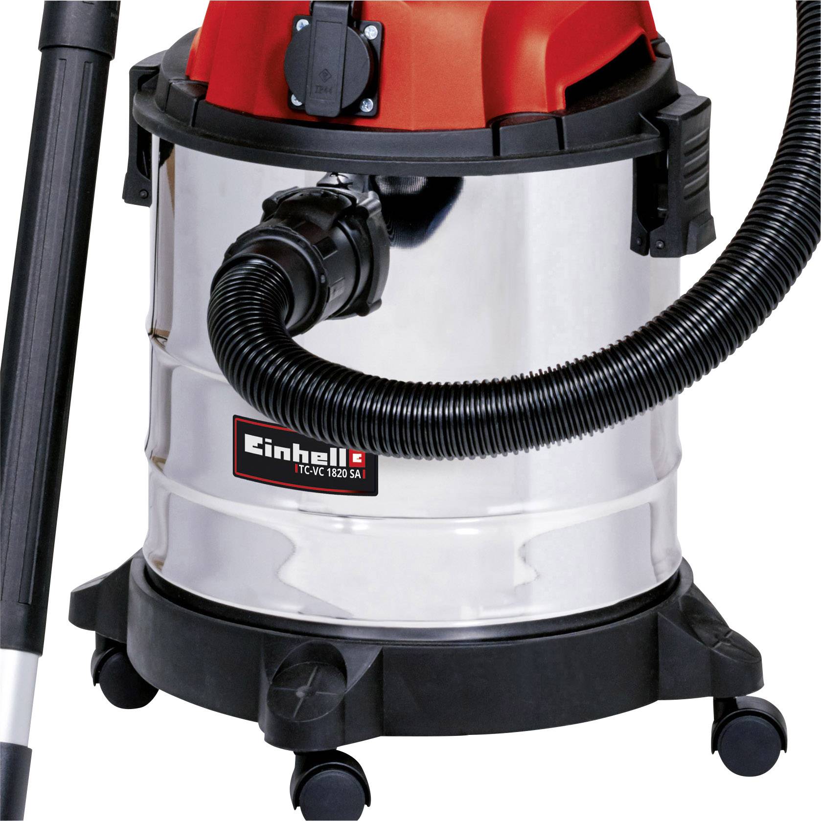 Stofzuiger met metalen behuizing en rood bovendeel, gekenmerkt als 'Einhell TC-VC 1820 SA', met slang en wielen.