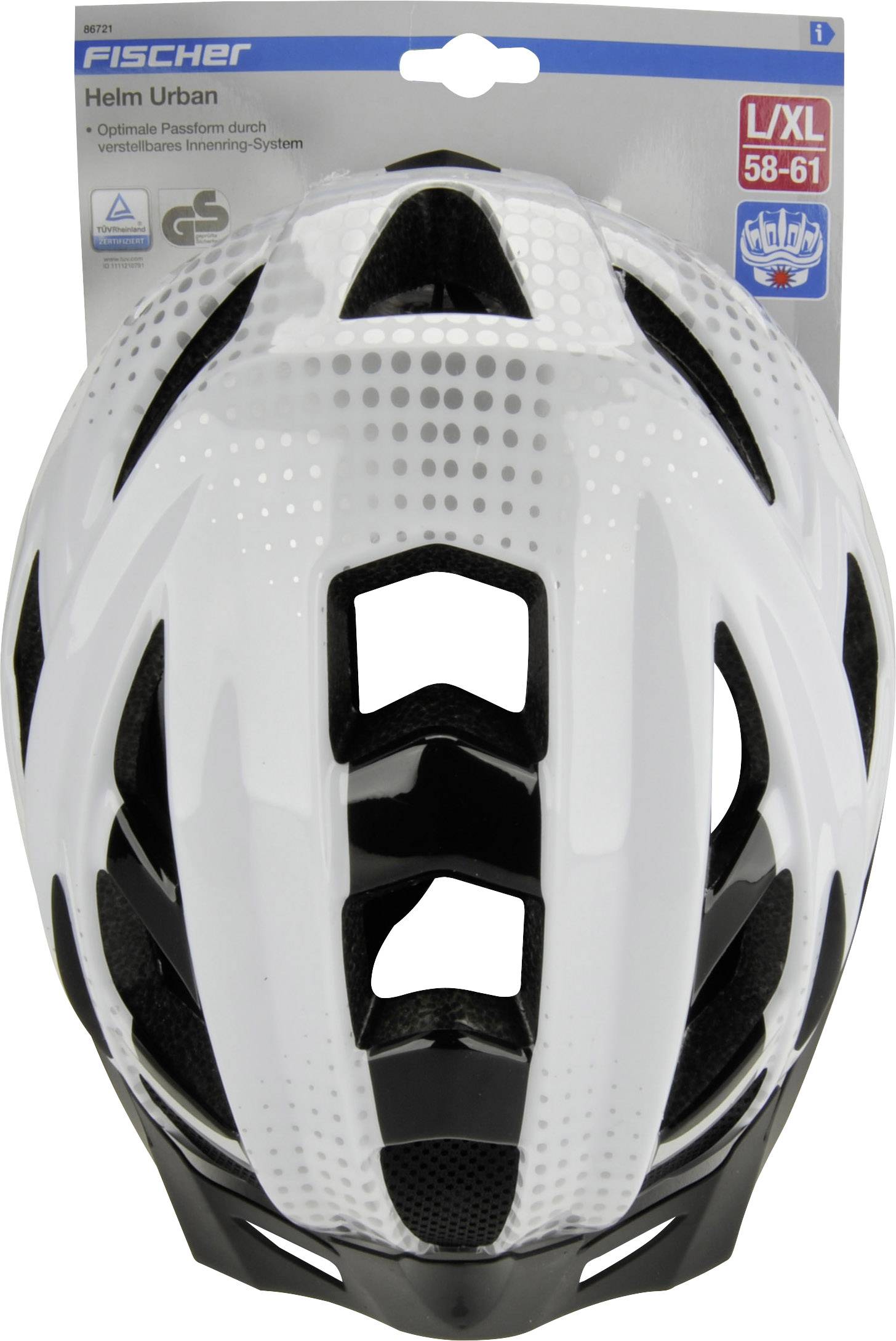 Witte fietshelm met zwart binnenvoering, geschikt voor hoofdomvang 58-61 cm, merknaam bovenaan links op de verpakking.