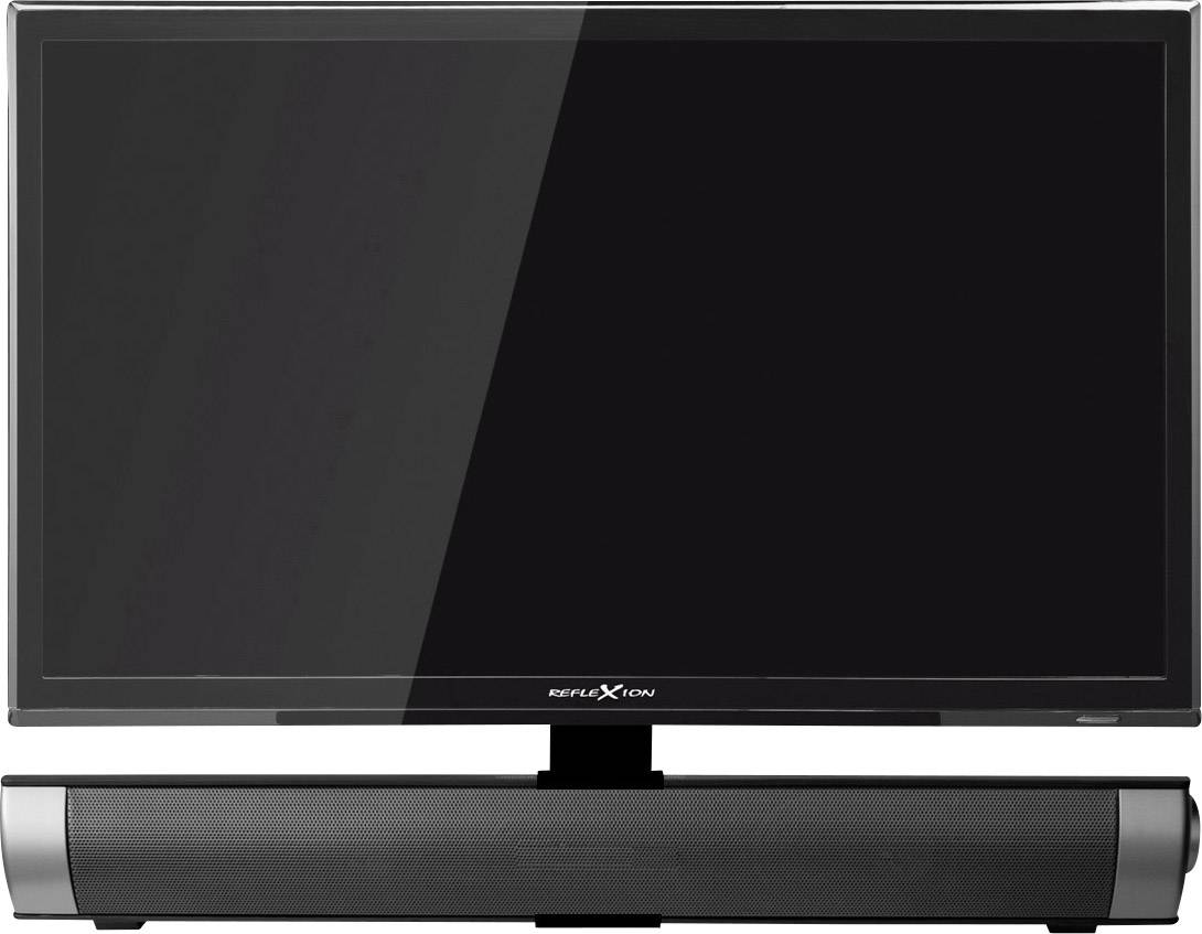 Een zwarte flatscreen-tv staat op een tafel, waarbij een bijbehorende soundbar zich erboven bevindt. Het scherm is uitgeschakeld.