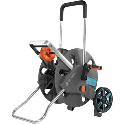 Tuinslangwagen met wielen en slinger, compact en draagbaar, ideaal voor opslag en gemakkelijk transport van een tuinslang.