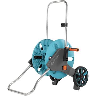 Tuinslangwagen met twee grote wielen, blauwe slanghouder en zwarte handgreep. Geschikt voor eenvoudig transport van slangen in de tuin.