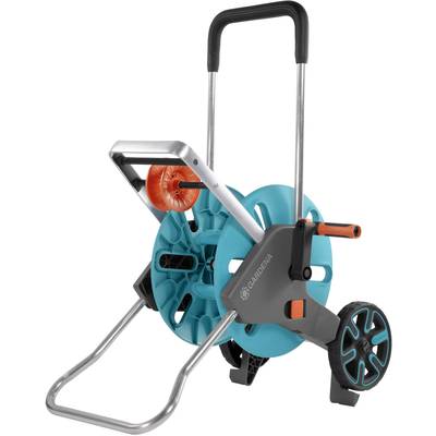 Tuinslangwagen met handgreep, behuizing voor slangspoel in het blauw en zwarte wielen, klaar voor opslag of transport.