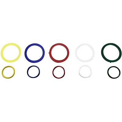 Verschillende grote en gekleurde O-ringen: geel, blauw, rood, wit en groen, gerangschikt in twee rijen.