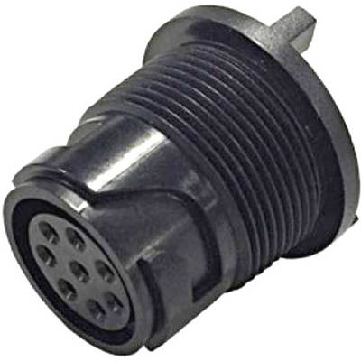 Een zwarte ronde connector met meerdere ronde pinnen in een cirkelvormige configuratie, geschikt voor elektrotechnische toepassingen.
