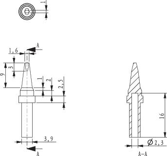 Technische tekening van een onderdeel met afmetingen. Toont zij- en dwarsdoorsnede met gedetailleerde maatvoering en lijnen.