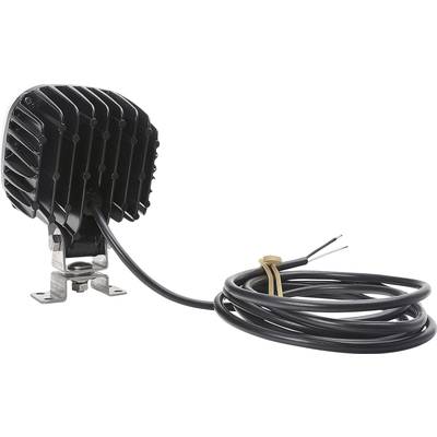Zwarte LED-werklamp met koelribben en bevestigingsbeugel; aansluitkabel met open uiteinden voor stroomtoevoer.