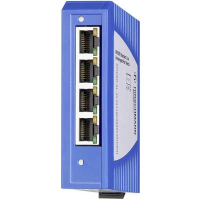 'Blauwe Ethernet-switch met vijf RJ-45-poorten aan de voorkant, model 'SPIDER Standard Line' van Hirschmann.'
