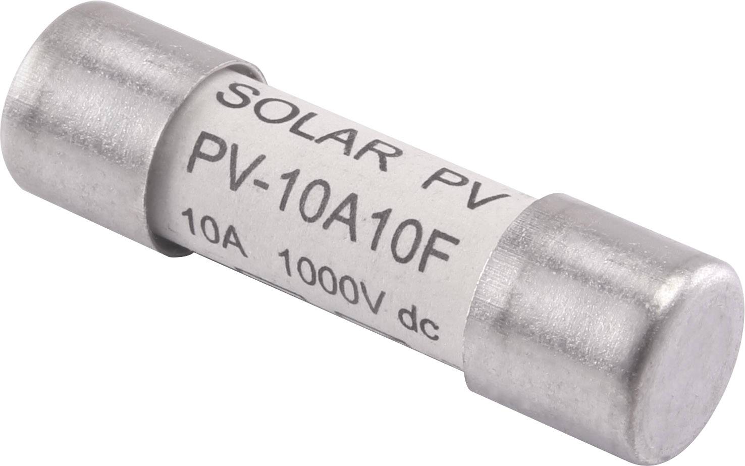 Een cilindrische zonnezekeringsbehuizing met het opschrift 'SOLAR PV PV-10A10F 10A 1000V dc'. Gebruikt voor overstroombeveiliging.