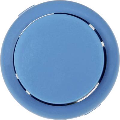 Blauwe knop in ronde vorm, mogelijk onderdeel van een speelgoed of apparaat, met een gladde oppervlakte en een lichte glans.