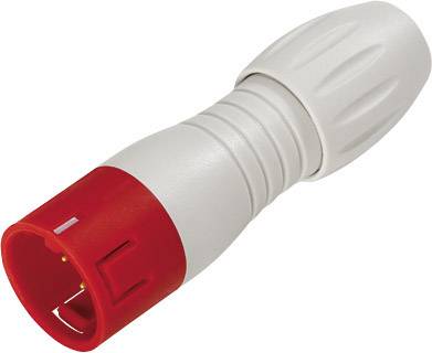 Een wit-rood kabelaansluitstuk met een gegroefde oppervlakte en ronde vorm, vermoedelijk voor audio- of videokabelverbindingen.
