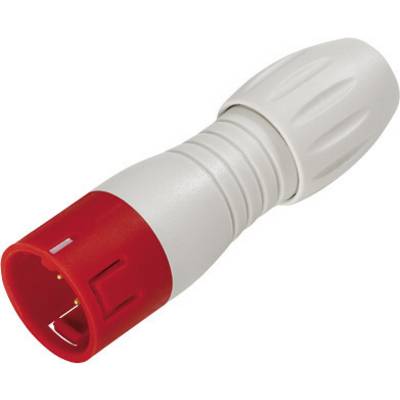 Een wit-rood kabelaansluitstuk met een gegroefde oppervlakte en ronde vorm, vermoedelijk voor audio- of videokabelverbindingen.