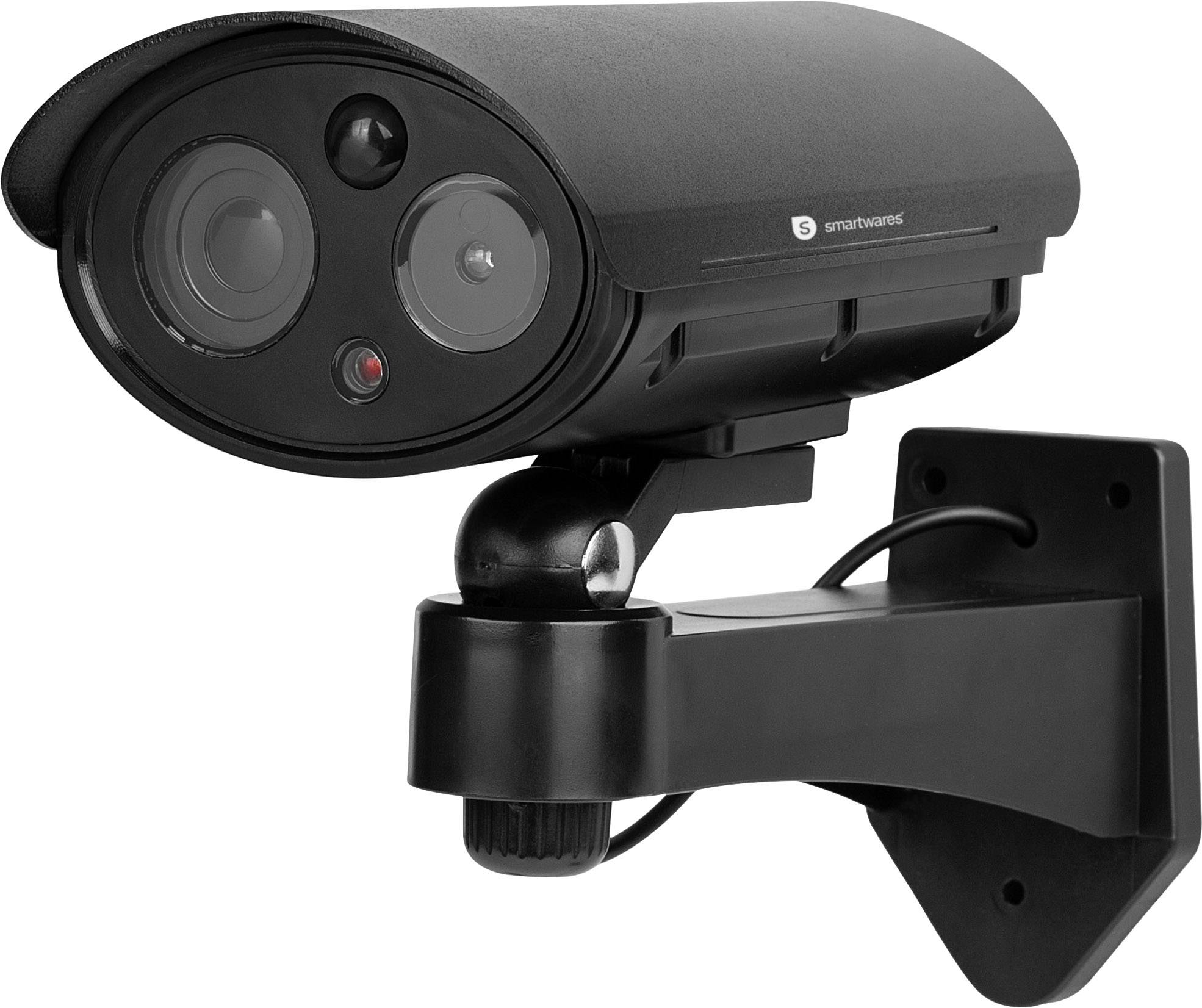 Bewakingscamera met zwarte behuizing op een wandsteun, twee lenzen en een kleine rode sensor voor veiligheidstoezicht.