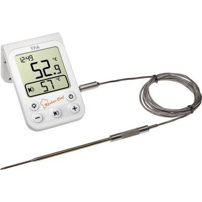 Een digitale keukenthermometer met display toont 52,9°C en een doelwaarde van 57°C. Een lange temperatuursensor is aangesloten.