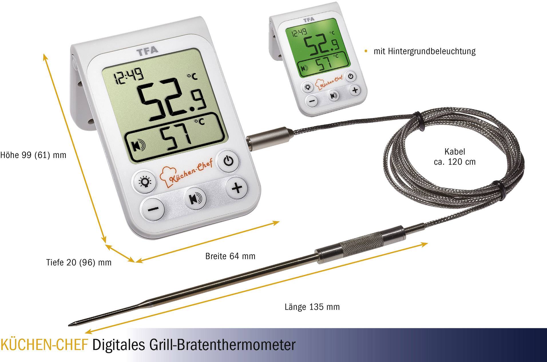 Digitale grill- en braadthermometer met kabel, toont tijd en temperatuur. Voorzien van achtergrondverlichting. Model 'Keukenchef'.