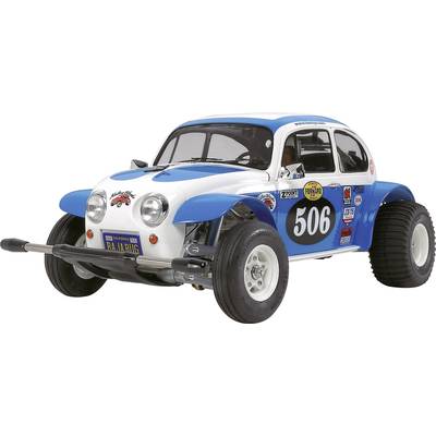 Een modelauto in de stijl van een klassieke VW Kever, omgebouwd voor terreinwedstrijden, met startnummer 506 en verschillende sponsorstickers.