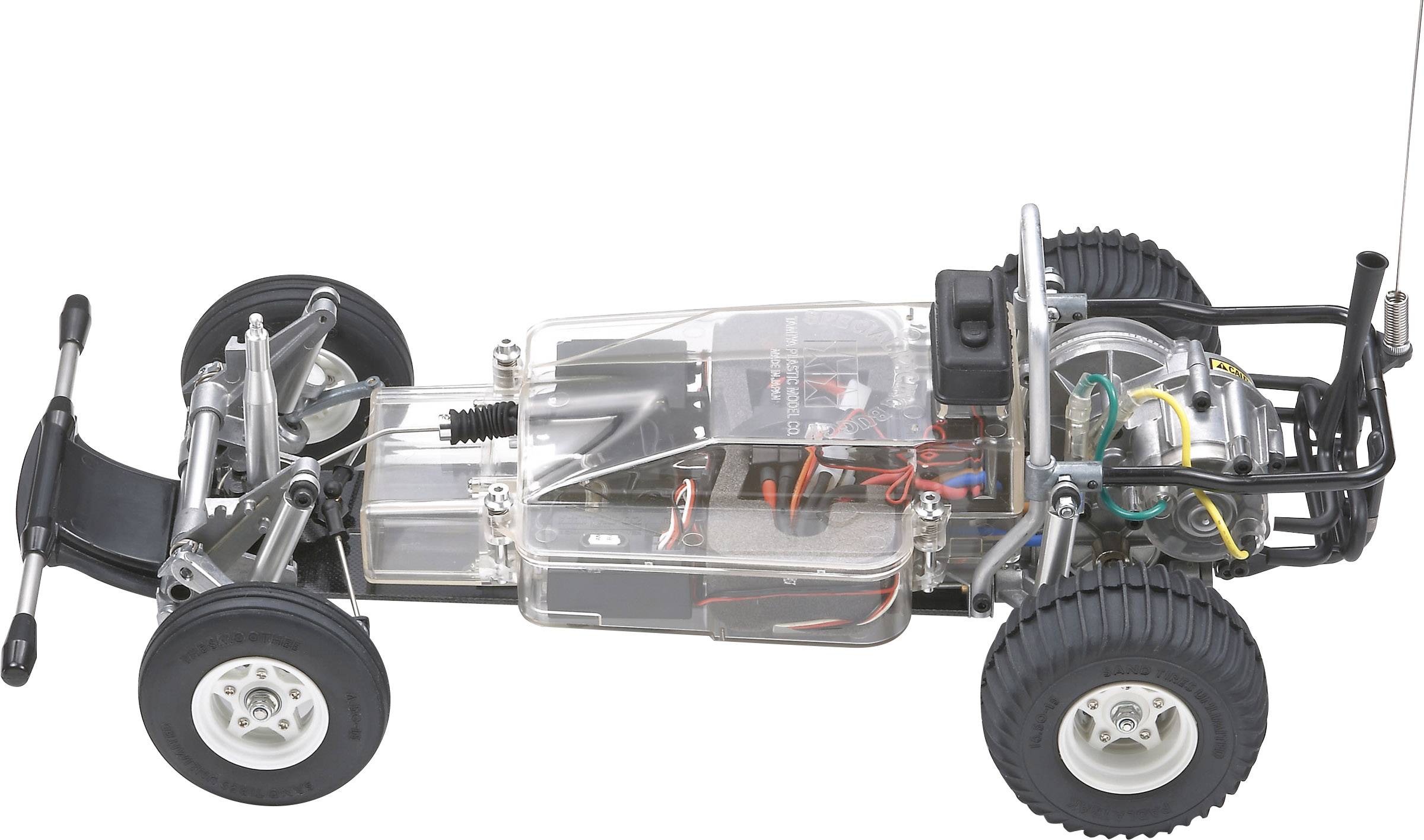 Een transparant model van een afstandbestuurbare auto toont het interieur met motor, elektronica en assen, gemonteerd op een metalen frame.