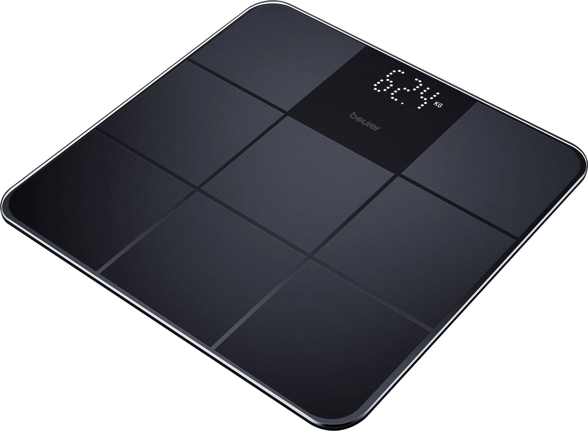 Digitale personenweegschaal met LED-display, toont '62,4 kg'. Zwart design met vierkante oppervlakken.