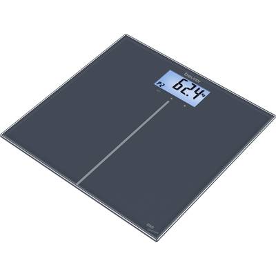 Donkere digitale personenweegschaal met blauw display, toont '62,4' kg. Vierkante vorm, moderne ontwerp.