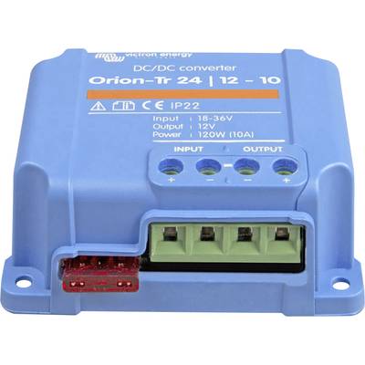 Blauwe DC/DC-converter van Victron Energy, model Orion-Tr 24/12-10, ingangsbereik 18-36V, uitgang 12V, vermogen 120W.