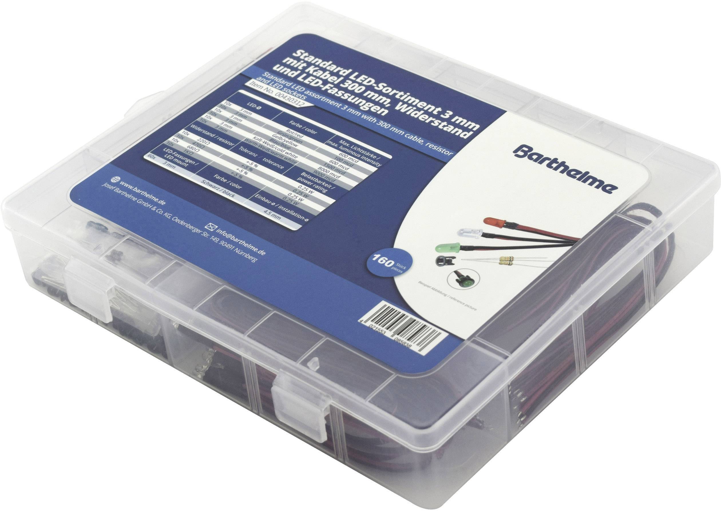 Transparante kunststof doos met een selectie LED's in verschillende kleuren en formaten, geëtiketteerd als 'Standaard LED-assortiment'.