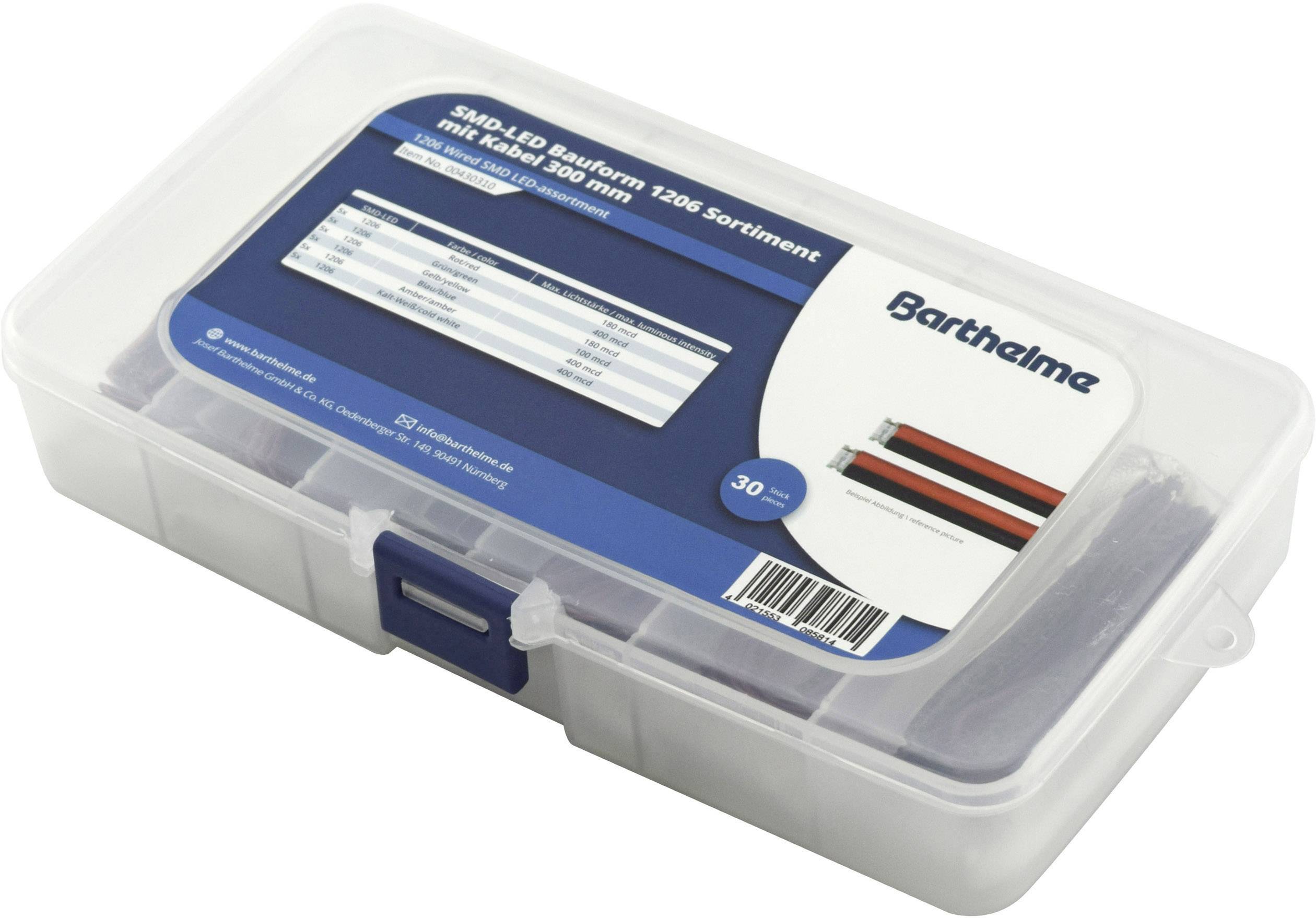 Plastic doos met krimpkousen in verschillende formaten, gemerkt met 'Barthelme', bevat diagram met afmetingen.