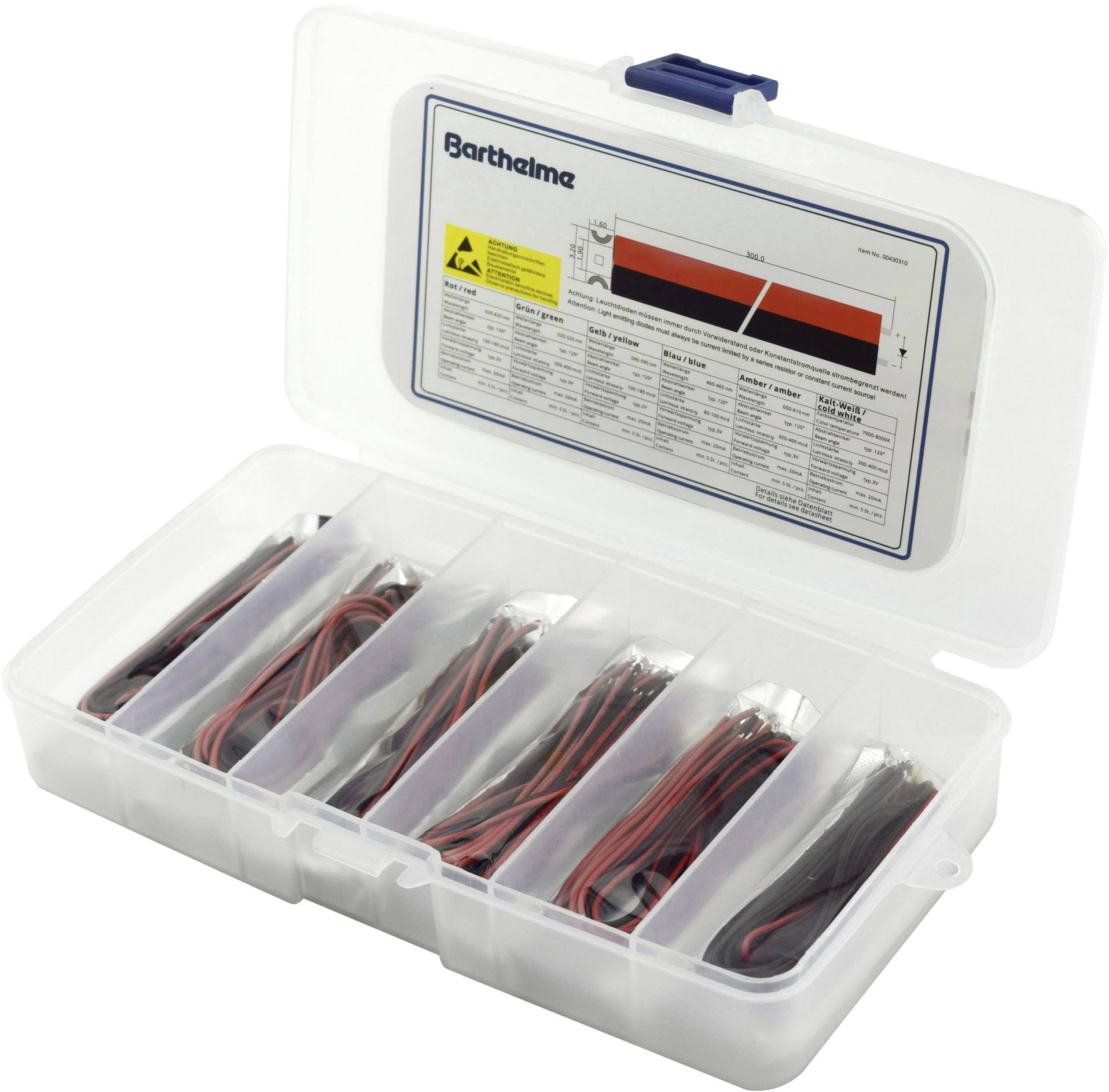 Kunststof opbergdoos met meerdere compartimenten, gevuld met rode en zwarte draden. Op het deksel bevindt zich een etiket met een diagram.