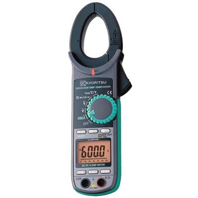 Een digitale stroomtang-multimeter met draaibare schakelaar en digitale weergave, geschikt voor het meten van spanning en stroomsterkte.