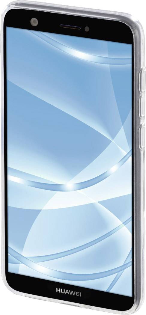 Smartphone met een blauwe grafische achtergrond op het display. Het apparaat heeft een transparant behuizing, voorkant toont het Huawei-logo.