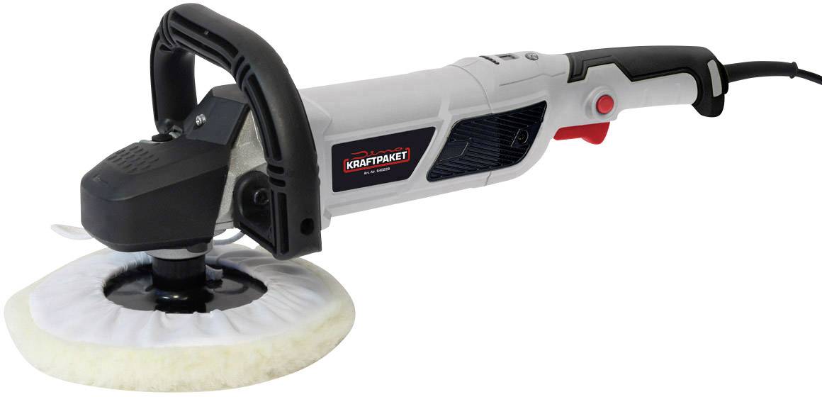 Een elektrische polijstmachine met een beige polijstpad. Het apparaat is zwart en grijs met een ergonomische handgreep en bedieningsschakelaar.