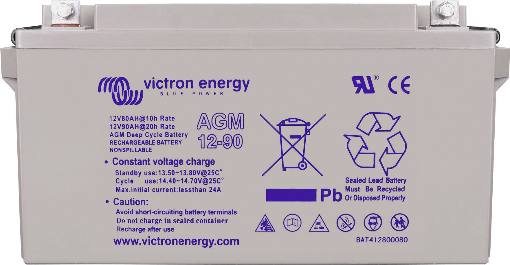 AGM-accu van het merk Victron Energy, model AGM 12-90, 12V 90Ah. Belangrijke aanwijzingen: Neem de aansluitbepalingen in acht. Niet vernietigen door verbranding.