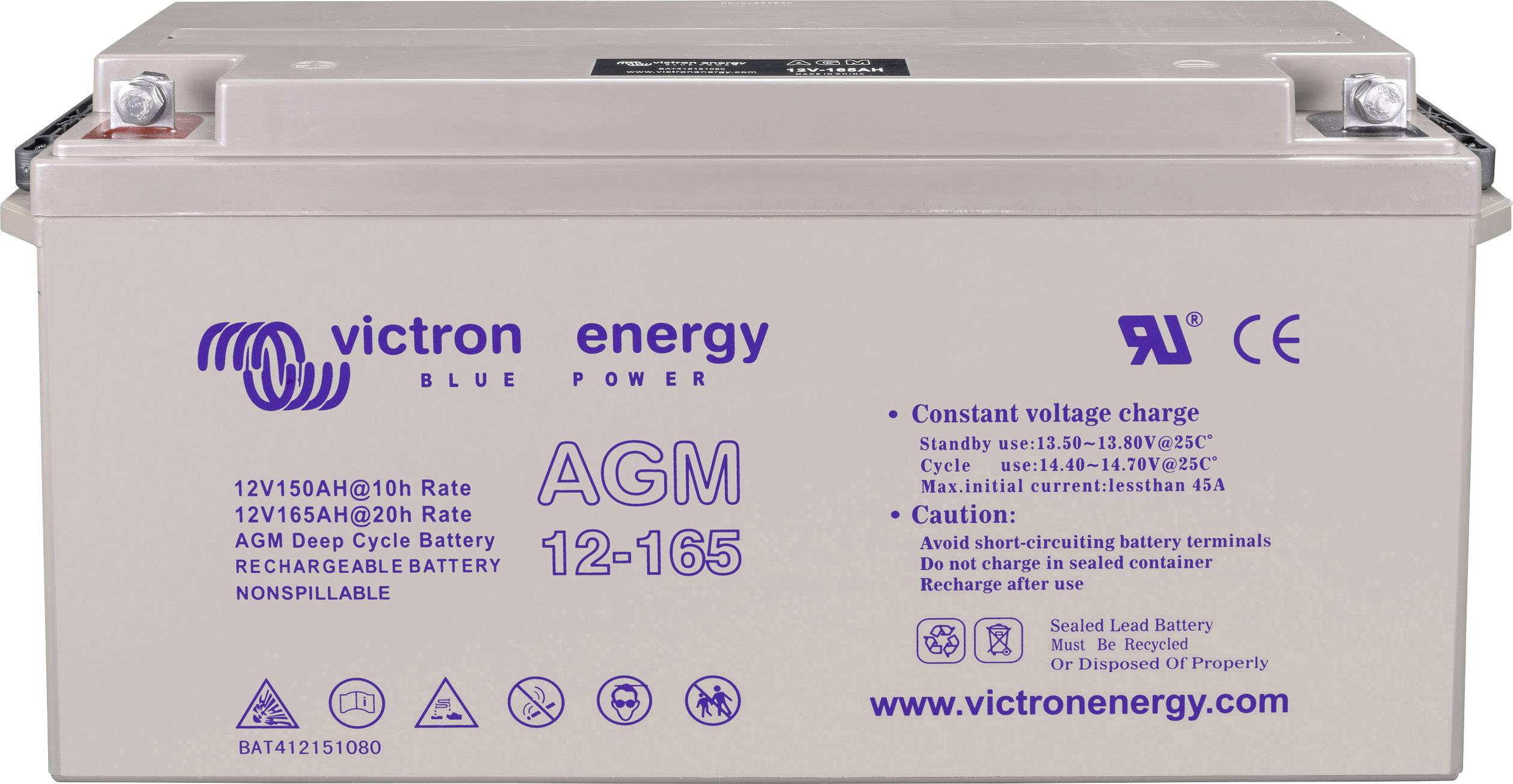 'AGM 12-165' Batterij van Victron Energy met technische specificaties: 12V, 150Ah/10u, 12V, 165Ah/20u. Bevat laadaanwijzingen en merkenlogo's.
