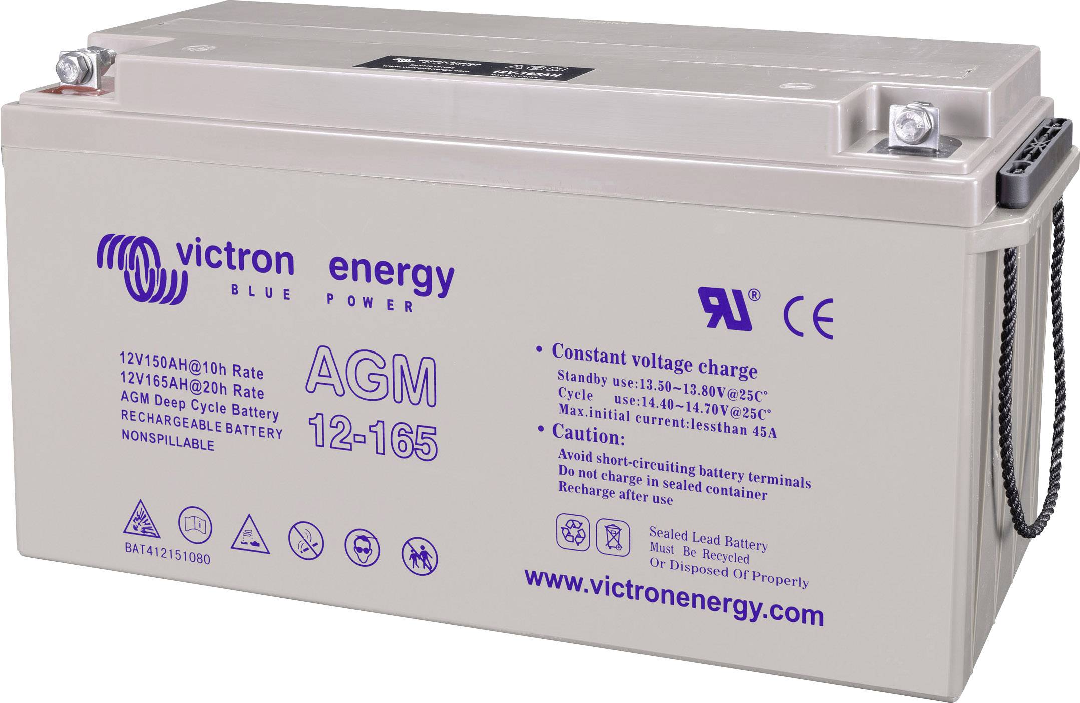 'Victron Energy AGM Batterij, Model 12-165, 12V/165Ah bij 20h Rate. Informatie over constante spanningsoplading en voorzorgsmaatregelen.'