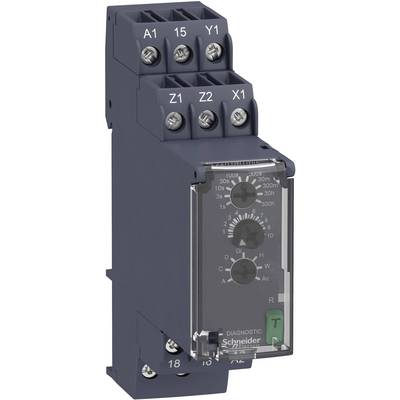'Schneider Electric beschermingsrelais'; Een elektronisch apparaat voor het bewaken van elektrische schakelingen, met aansluitklemmen bovenaan.