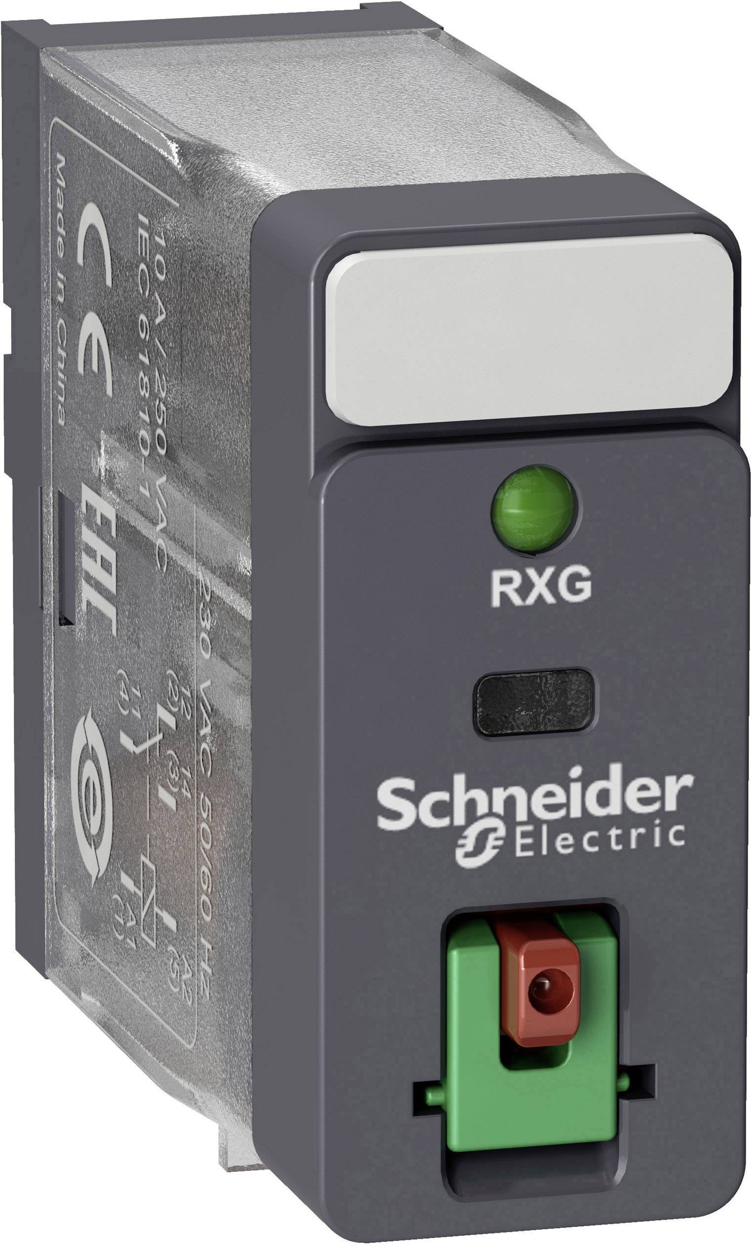 Een industrieel relais van Schneider Electric met een groen-rode schakelaar en opschrift 'RXG', geschikt voor elektrotechnische toepassingen.